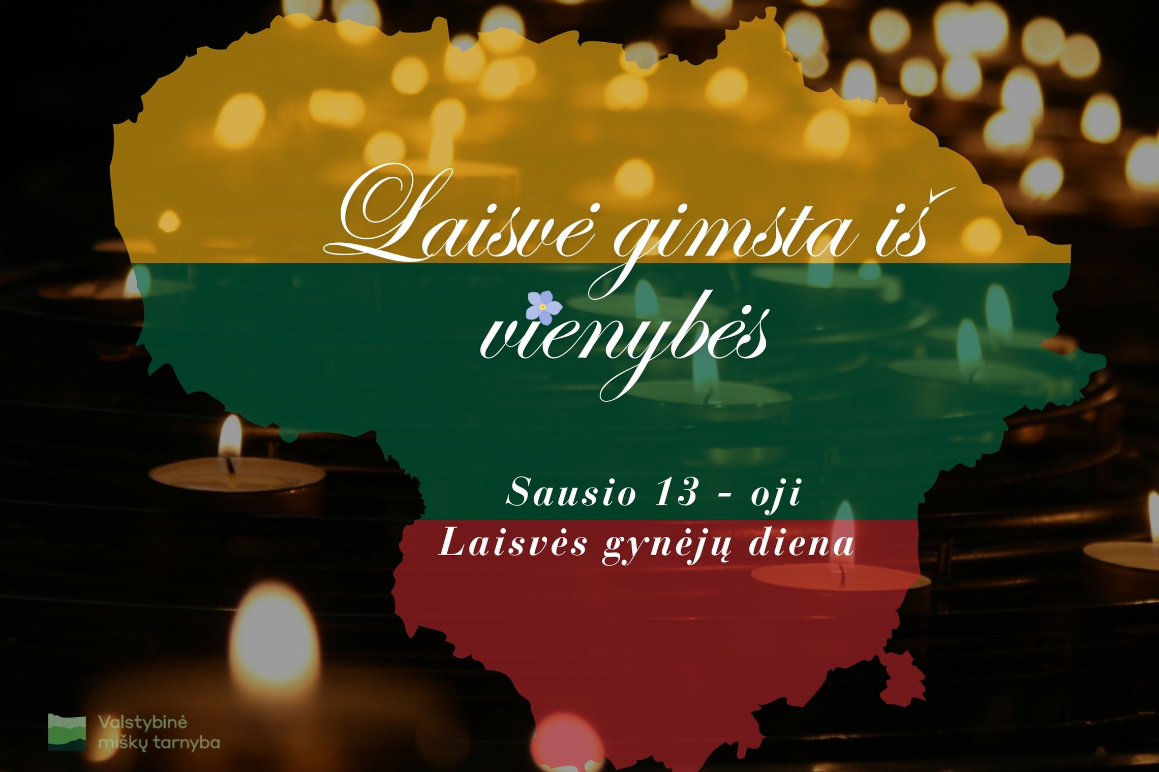 Sausio 13-oji – Laisvės gynėjų diena. Paveikslėlyje matomi Lietuvos kontūras žvakių fone ir parašyta "Laisvė gimsta iš vienybės"